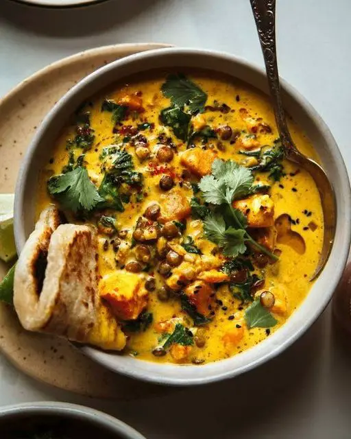 Gingered sweet potato and coconut milk stew with lentil & kale
