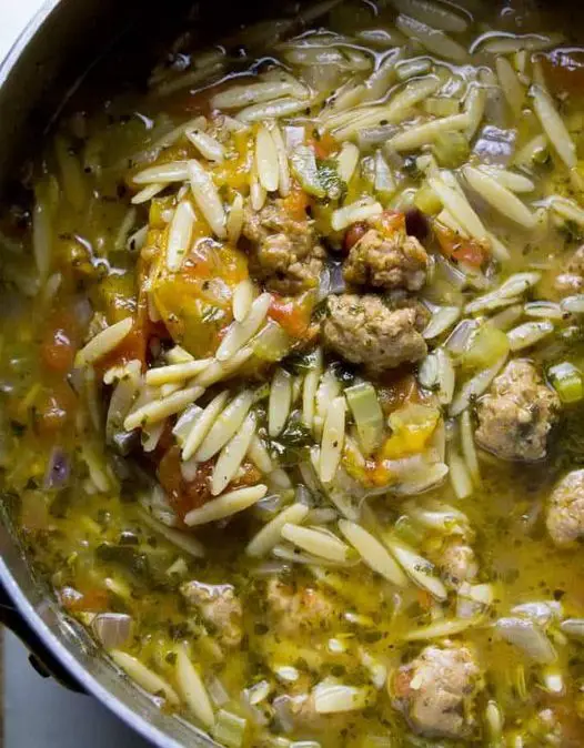 Italian sausage tomato orzo soup