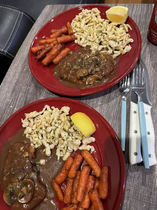 Homemade spätzle and jägerschnitzel