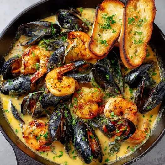 Shrimp & Mussels in Creamy Garlic Sauce